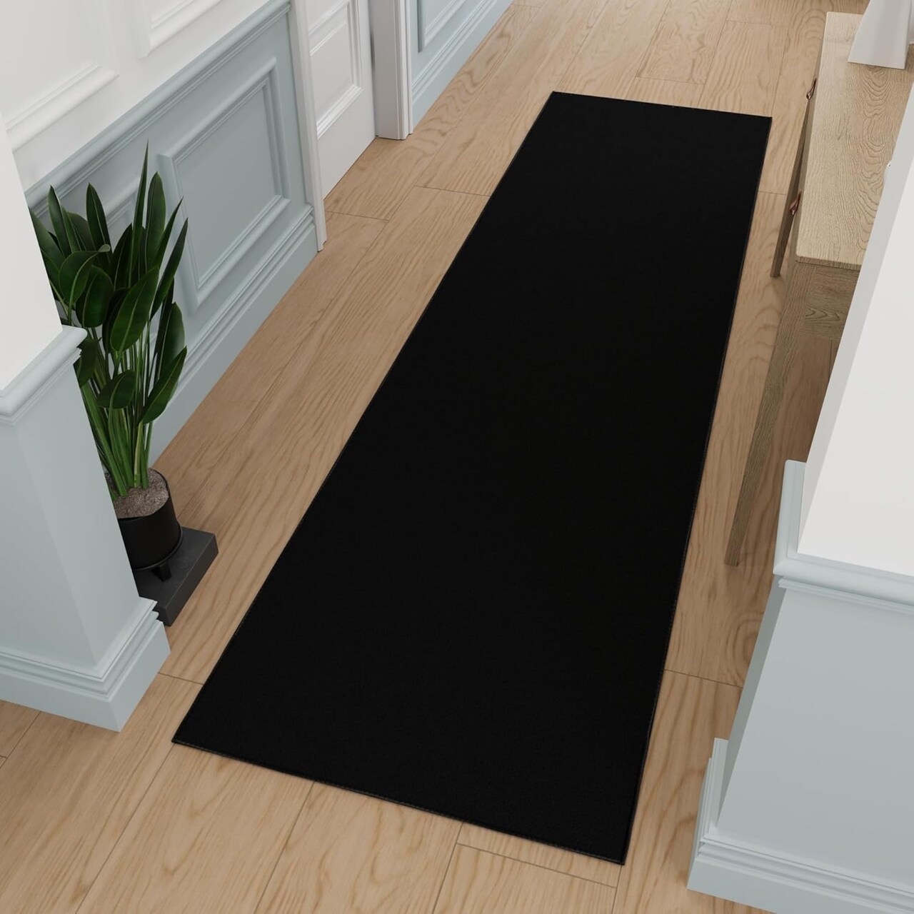 Machine Washable Modern Solid Design Non-Slip Rubberback 2x12 Traditional Runner Rug for Hallway, Kitchen, Bedroom, Living Room, 1'10" x 12', Black